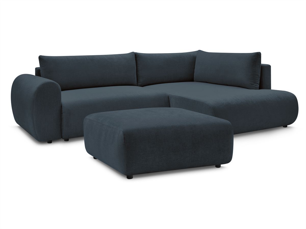 Bobochic Lucien Ecksofa mit Schlaffunktion und Bettkasten und Pouf 296 × 198 cm Stoff Dunkelblau Ecke rechts