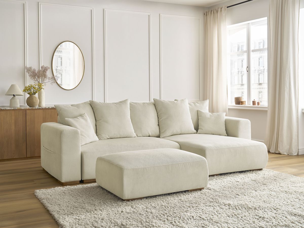 Bobochic Sidonie Ecksofa mit Schlaffunktion und Bettkasten und Pouf Cordsamt Beige