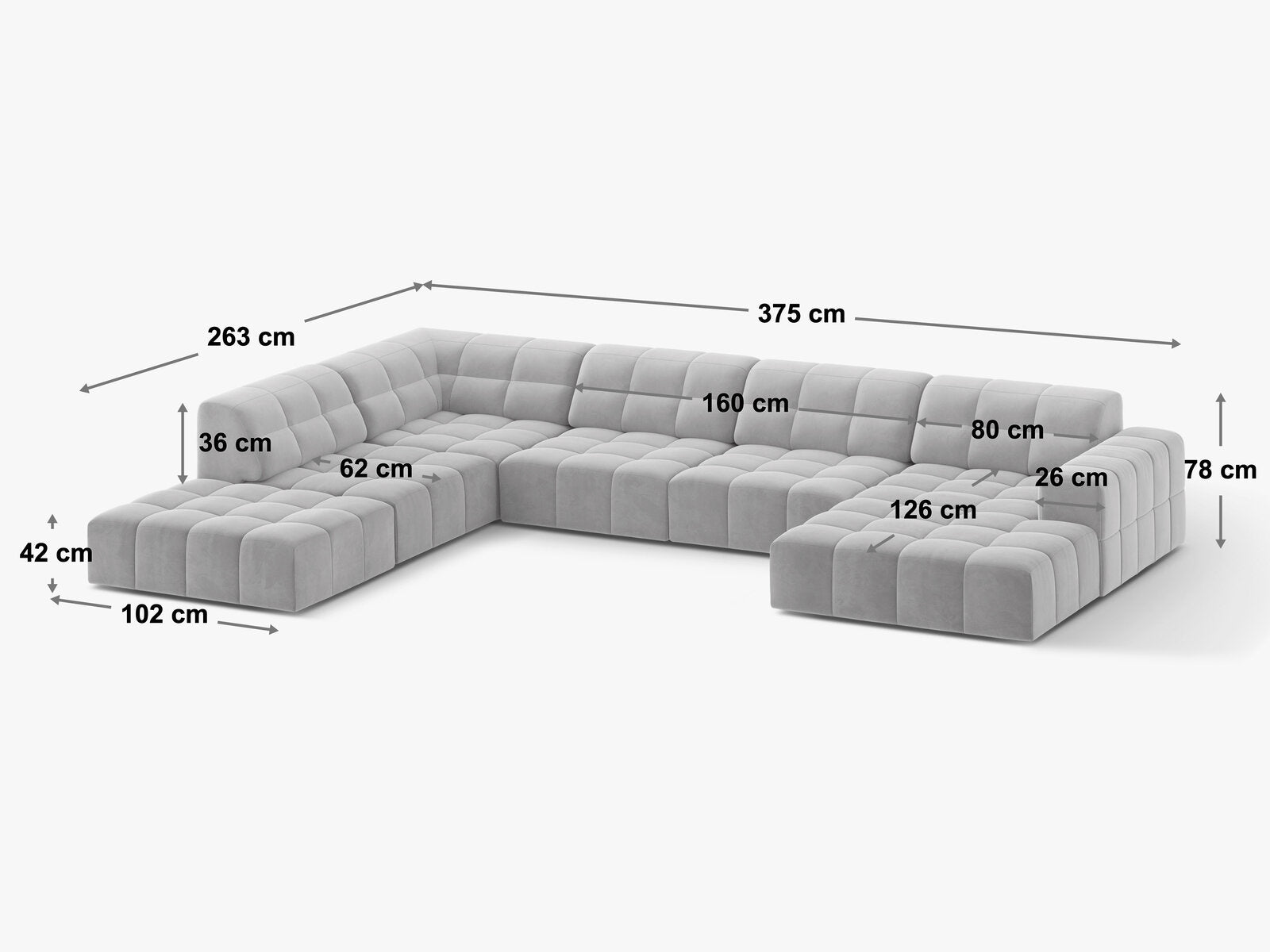 Micadoni Panorama Ecksofa Jennifer 7-Sitzer Rechts Samt Bluvel Grau