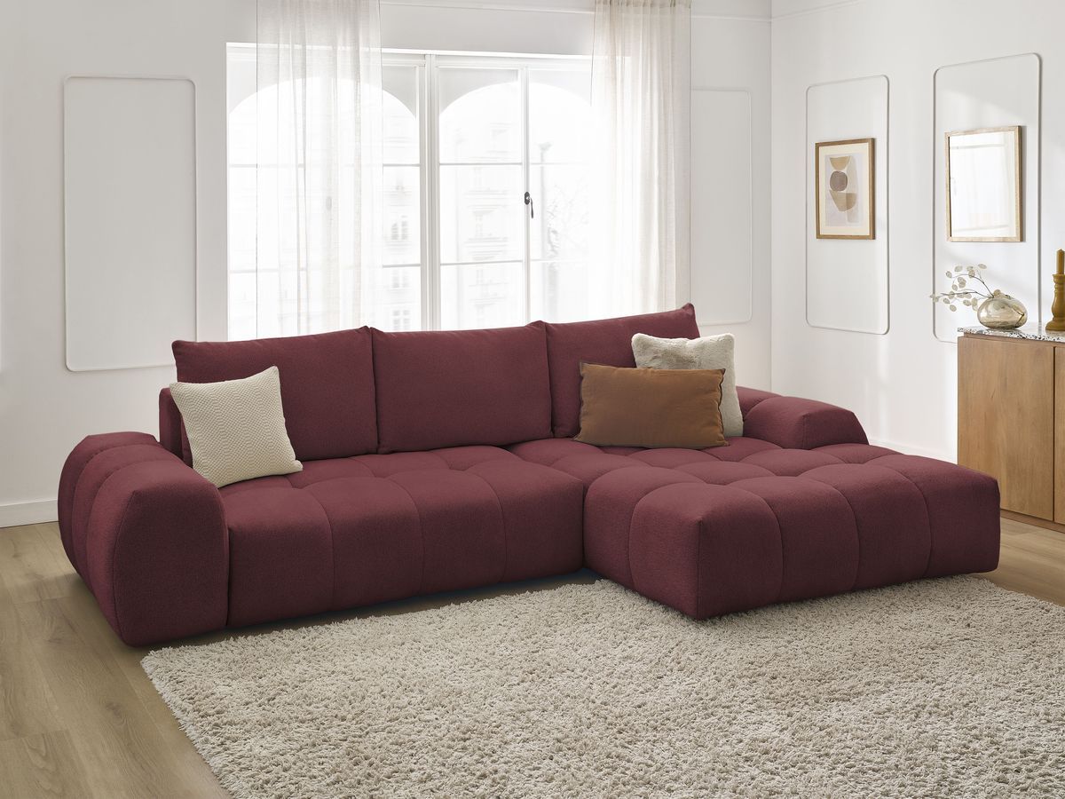 Bobochic Everest Ecksofa mit Schlaffunktion und Bettkasten 318 × 180 cm, 3 Kissen Melange-Stoff Rot Ecke rechts