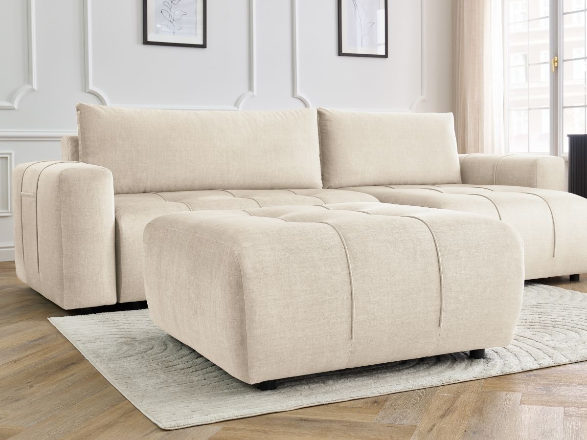 Bobochic Arsene Ecksofa mit Schlaffunktion und Bettkasten und Pouf 288 × 148 cm Samt Beige