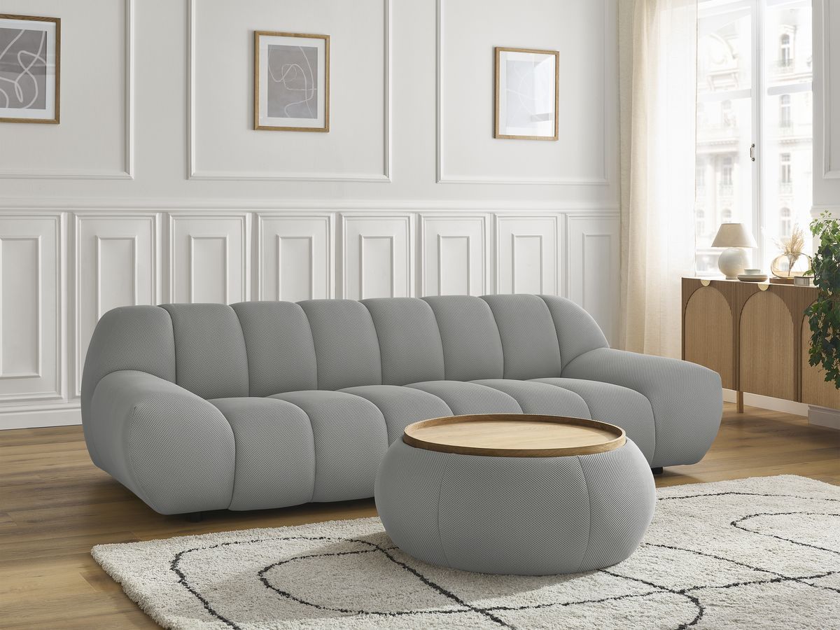 Bobochic Hayden Sofa 3-Sitzer mit Pouf 256 × 107 cm Mesh-Stoff Hellgrau
