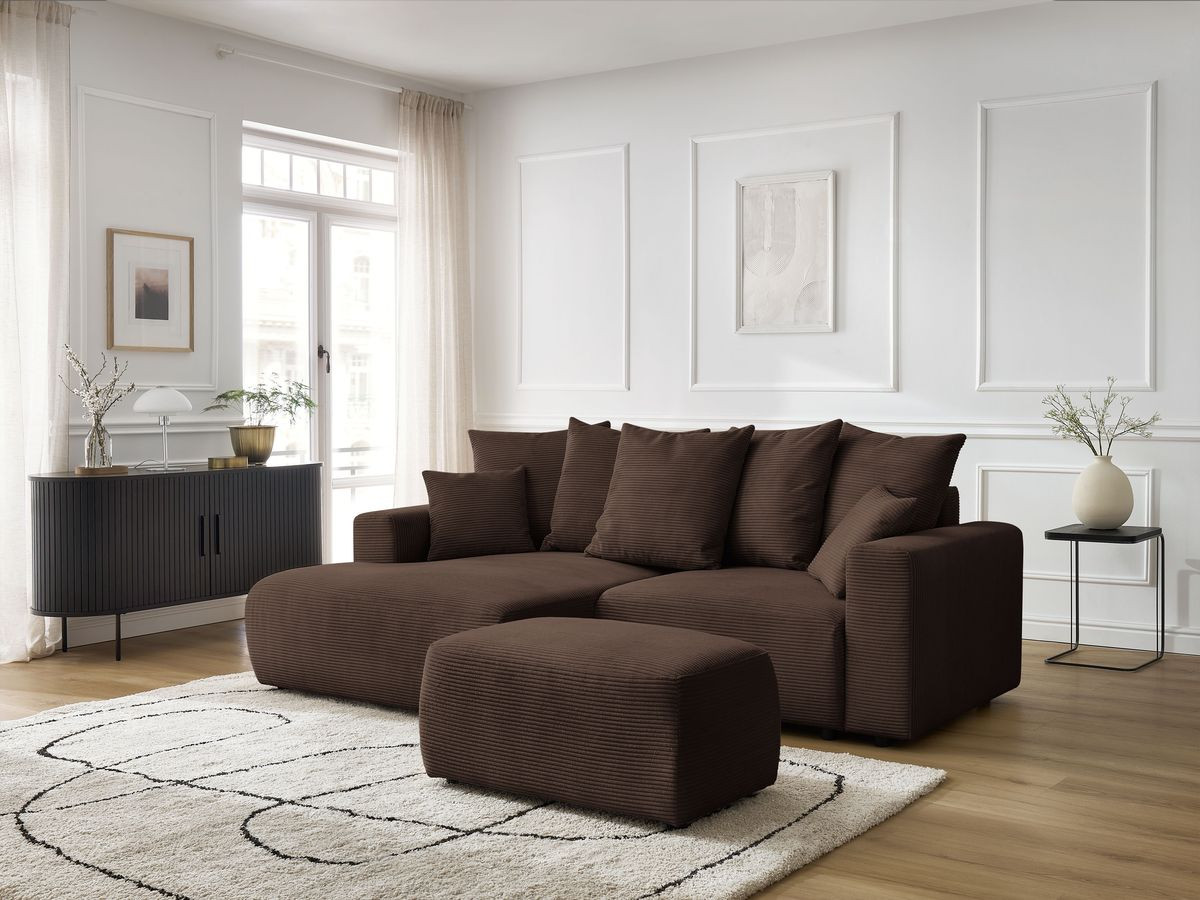 Bobochic Atilla Ecksofa mit Schlaffunktion und Bettkasten und Pouf Cordsamt Braun Ecke links