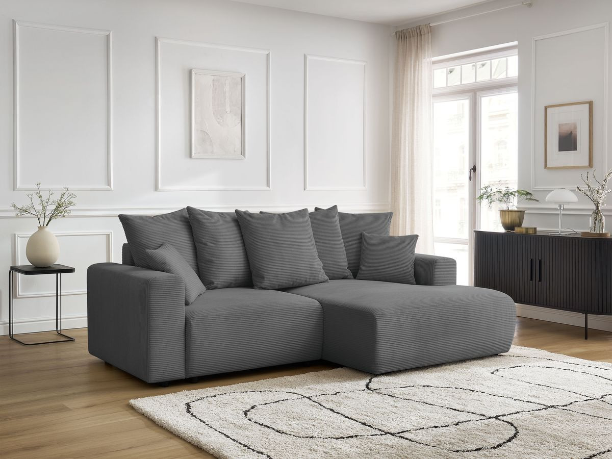 Bobochic Atilla Ecksofa mit Schlaffunktion und Bettkasten Cordsamt Dunkelgrau Ecke rechts