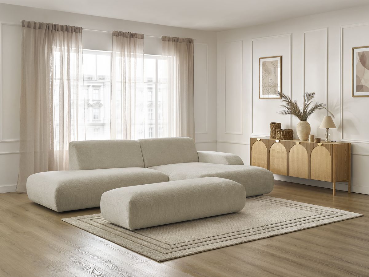 Bobochic Sirius Ecksofa mit Pouf 300 × 170 cm Strukturstoff Beige Ecke rechts