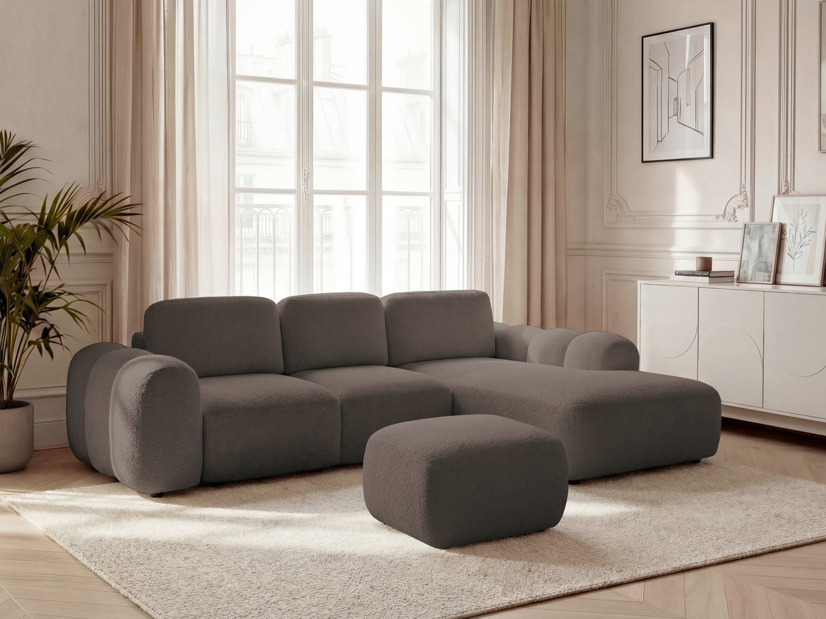 Bobochic Montaigne Ecksofa mit Schlaffunktion und Bettkasten und Pouf 288 × 196 cm Bouclé-Stoff Braun Ecke rechts