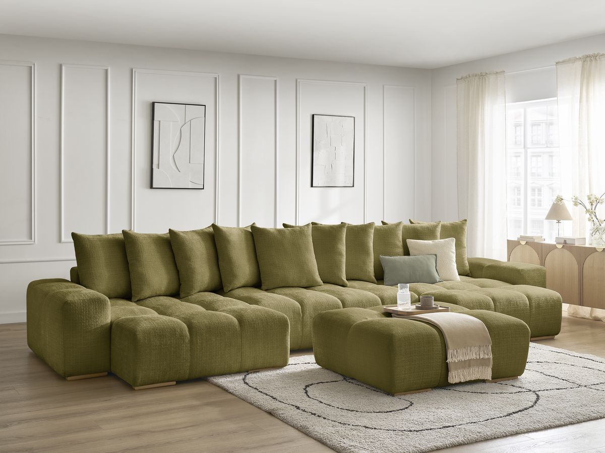 Bobochic Anakin Wohnlandschaft mit Pouf, 10 Kissen Strukturstoff Grün