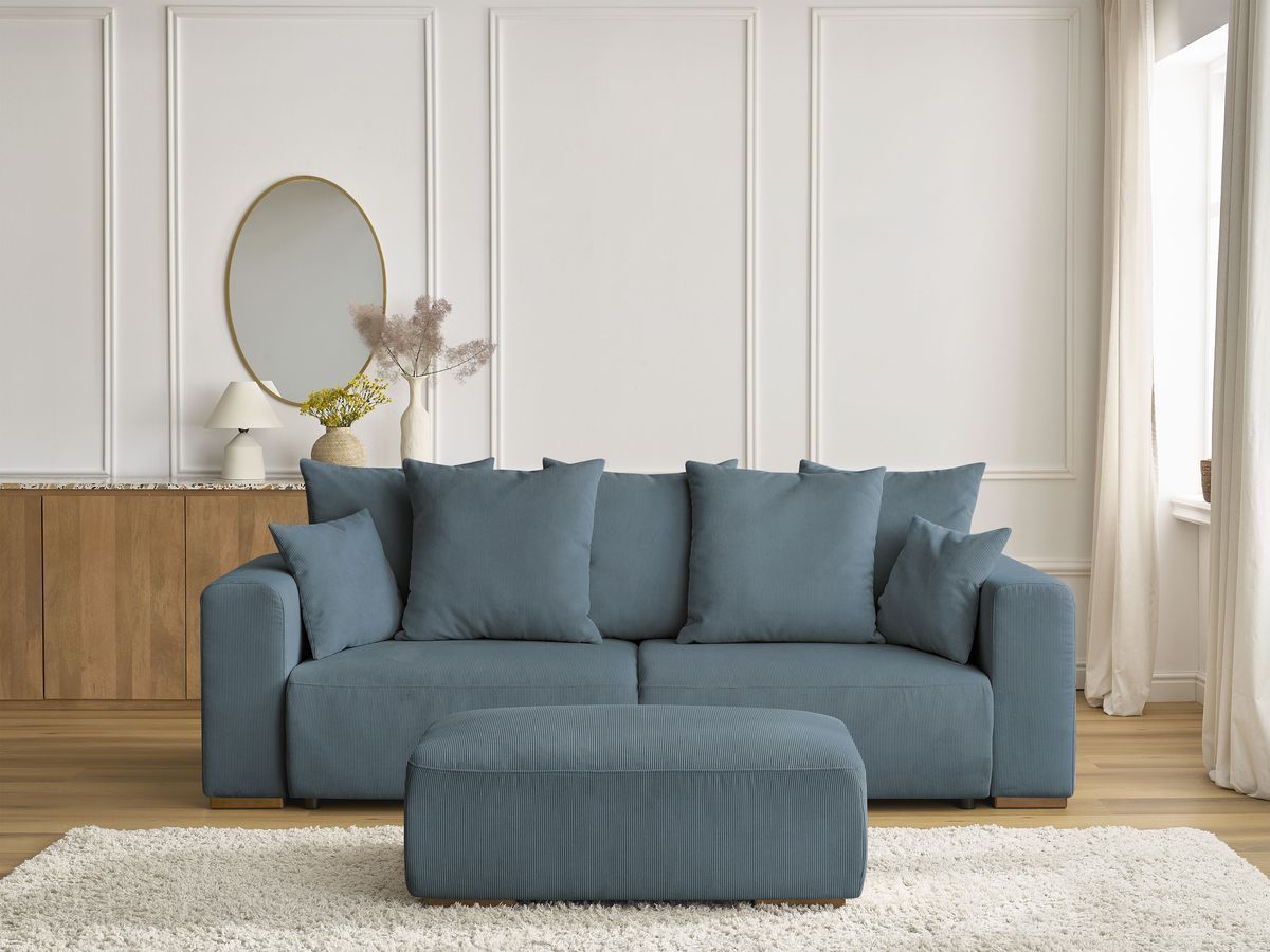 Bobochic Sidonie Schlafsofa 4-Sitzer mit Bettkasten und Pouf Cordsamt Dunkelblau