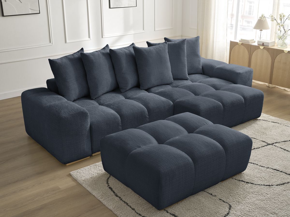 Bobochic Anakin Ecksofa mit Pouf, 6 Kissen Strukturstoff Dunkelblau