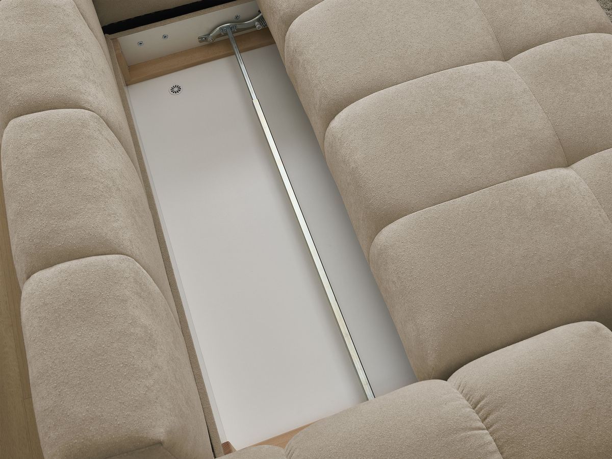 Bobochic Everest Ecksofa mit Schlaffunktion und Bettkasten und Pouf 320 × 212 cm, 5 Kissen Strukturstoff Taupe Ecke rechts