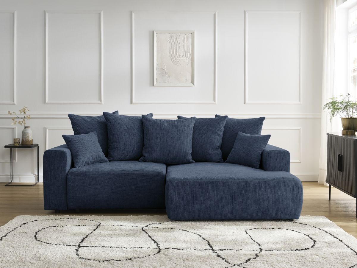 Bobochic Atilla Ecksofa mit Schlaffunktion und Bettkasten Strukturstoff Dunkelblau Ecke rechts