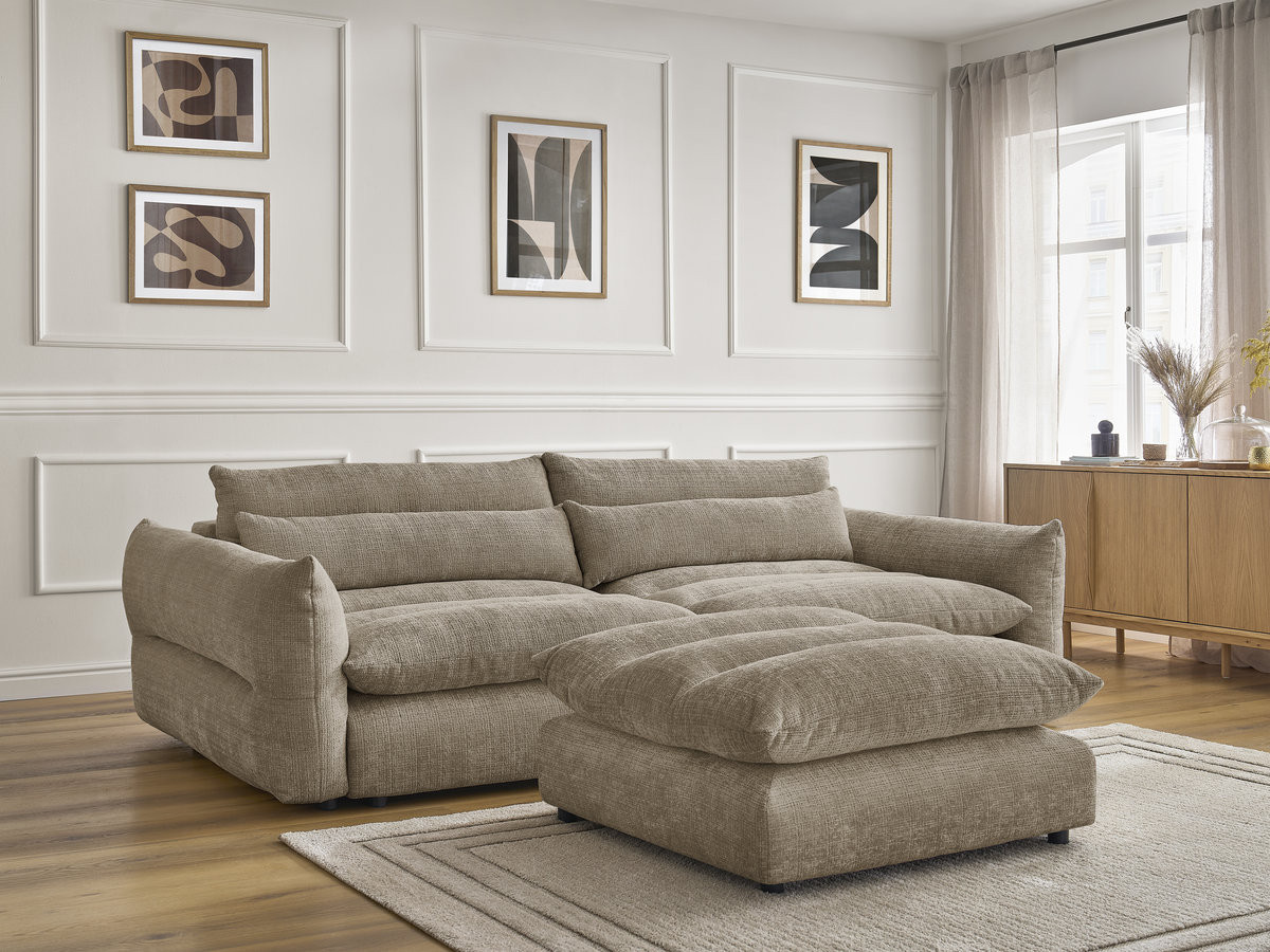 Bobochic Neil Sofa 3-Sitzer mit Pouf Strukturstoff Taupe