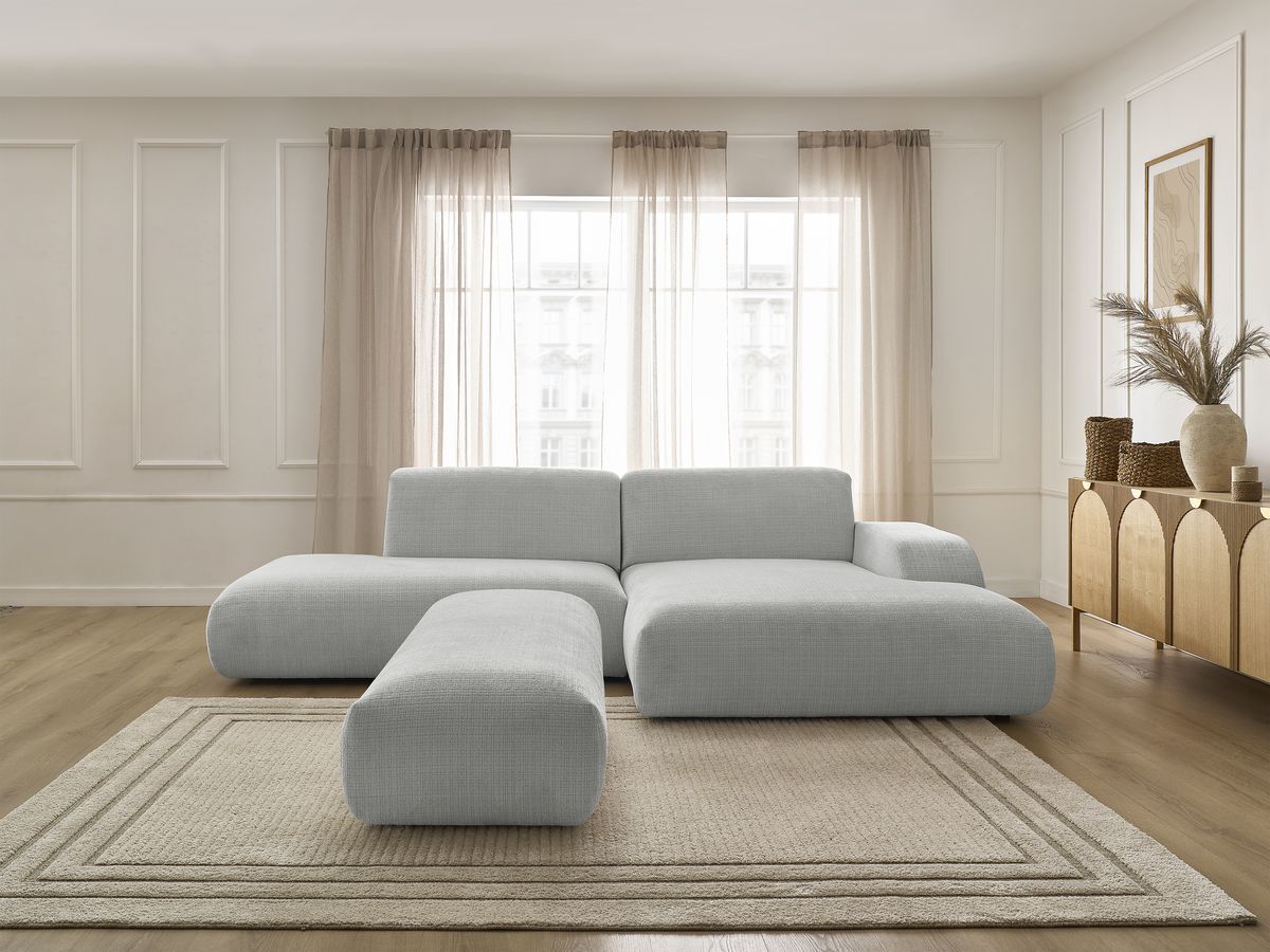 Bobochic Sirius Ecksofa mit Pouf 300 × 170 cm Strukturstoff Hellgrau Ecke rechts
