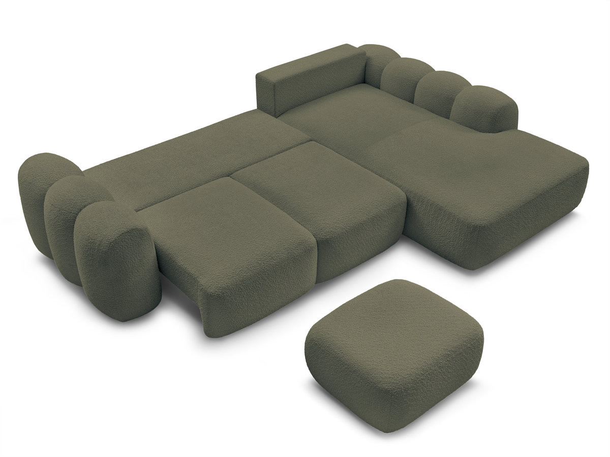 Bobochic Montaigne Ecksofa mit Schlaffunktion und Bettkasten und Pouf 288 × 196 cm Bouclé-Stoff Grün Ecke rechts
