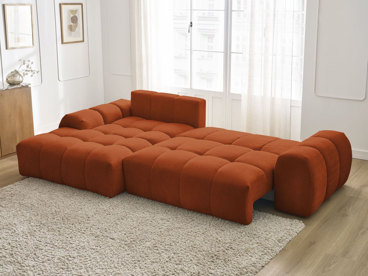 Bobochic Everest Ecksofa mit Schlaffunktion und Bettkasten 318 × 180 cm, 7 Kissen Strukturstoff Orange Ecke links