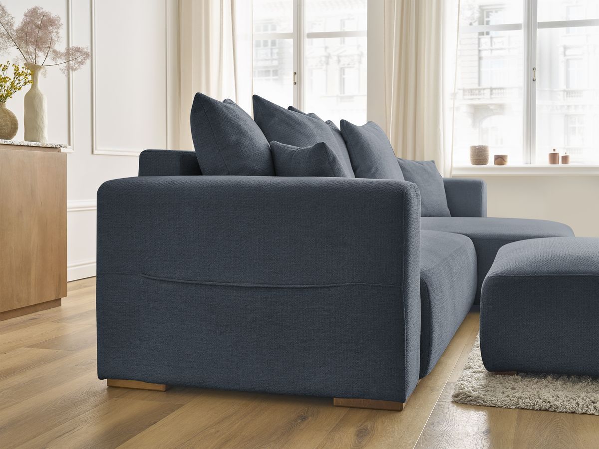Bobochic Sidonie Ecksofa mit Schlaffunktion und Bettkasten und Pouf Melange-Stoff Dunkelblau