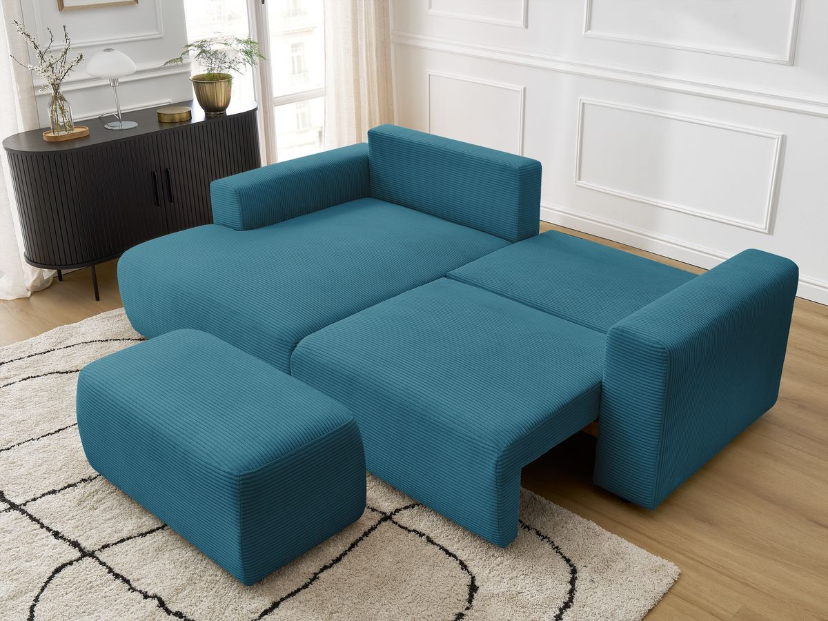 Bobochic Atilla Ecksofa mit Schlaffunktion und Bettkasten und Pouf Cordsamt Hellblau Ecke links