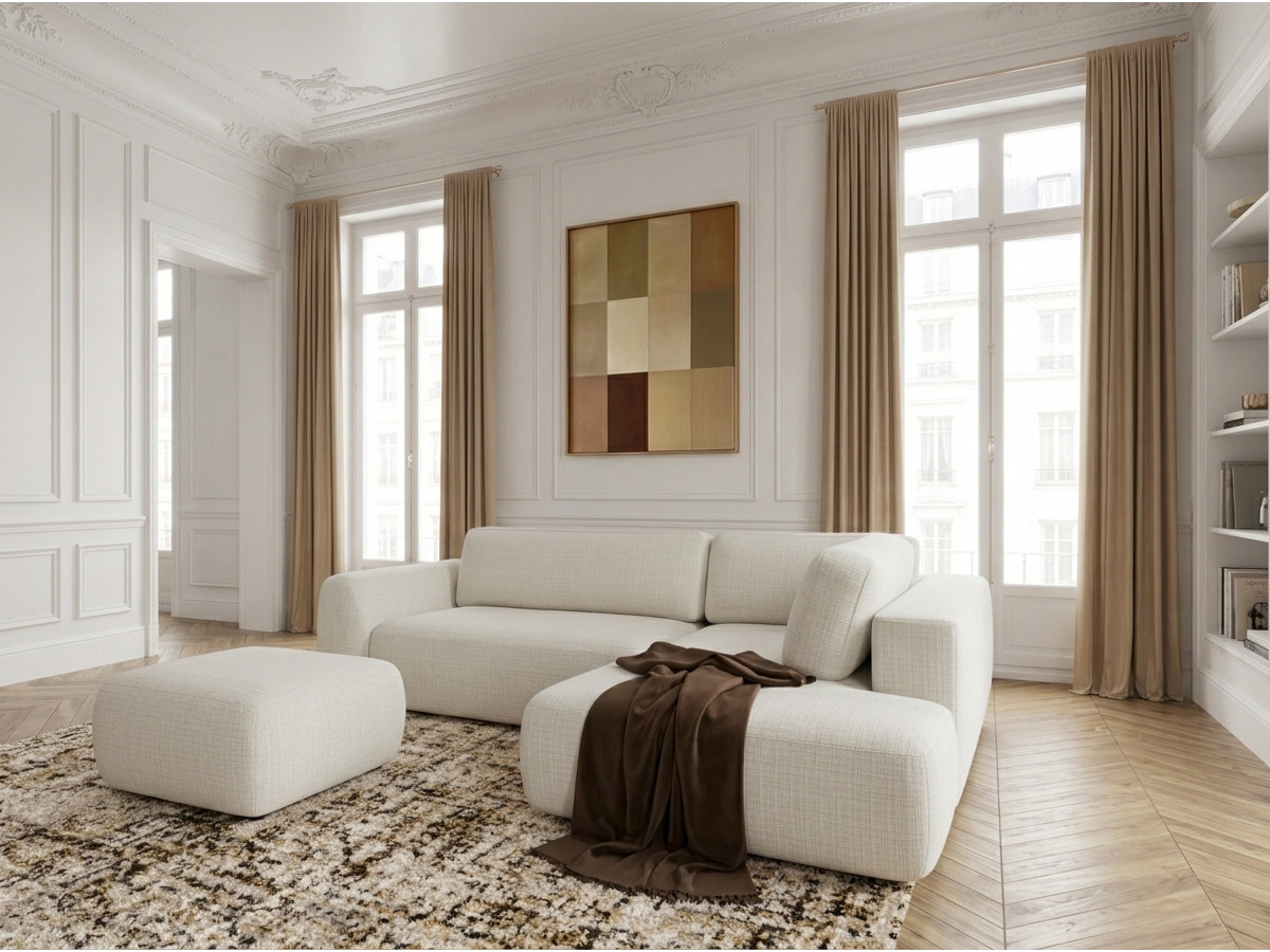 Bobochic Denise Ecksofa mit Schlaffunktion und Bettkasten und Pouf 256 × 197 cm Strukturstoff Weiß Ecke rechts