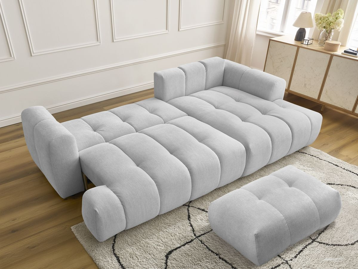 Bobochic Fuji Ecksofa mit Schlaffunktion und Bettkasten und Pouf 292 × 160 cm Stoff Hellgrau Ecke rechts