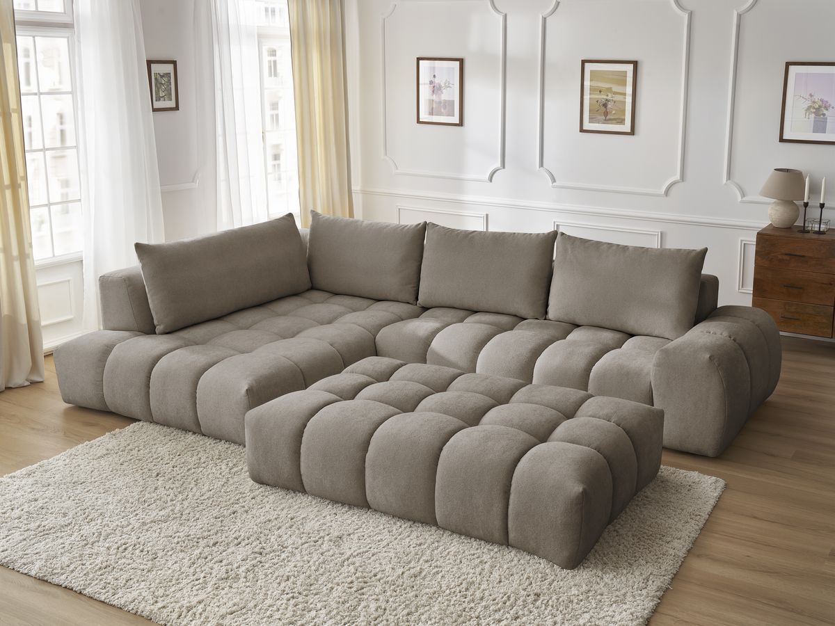 Bobochic Everest Ecksofa mit Schlaffunktion und Pouf, 4 Kissen Strukturstoff Taupe Ecke links