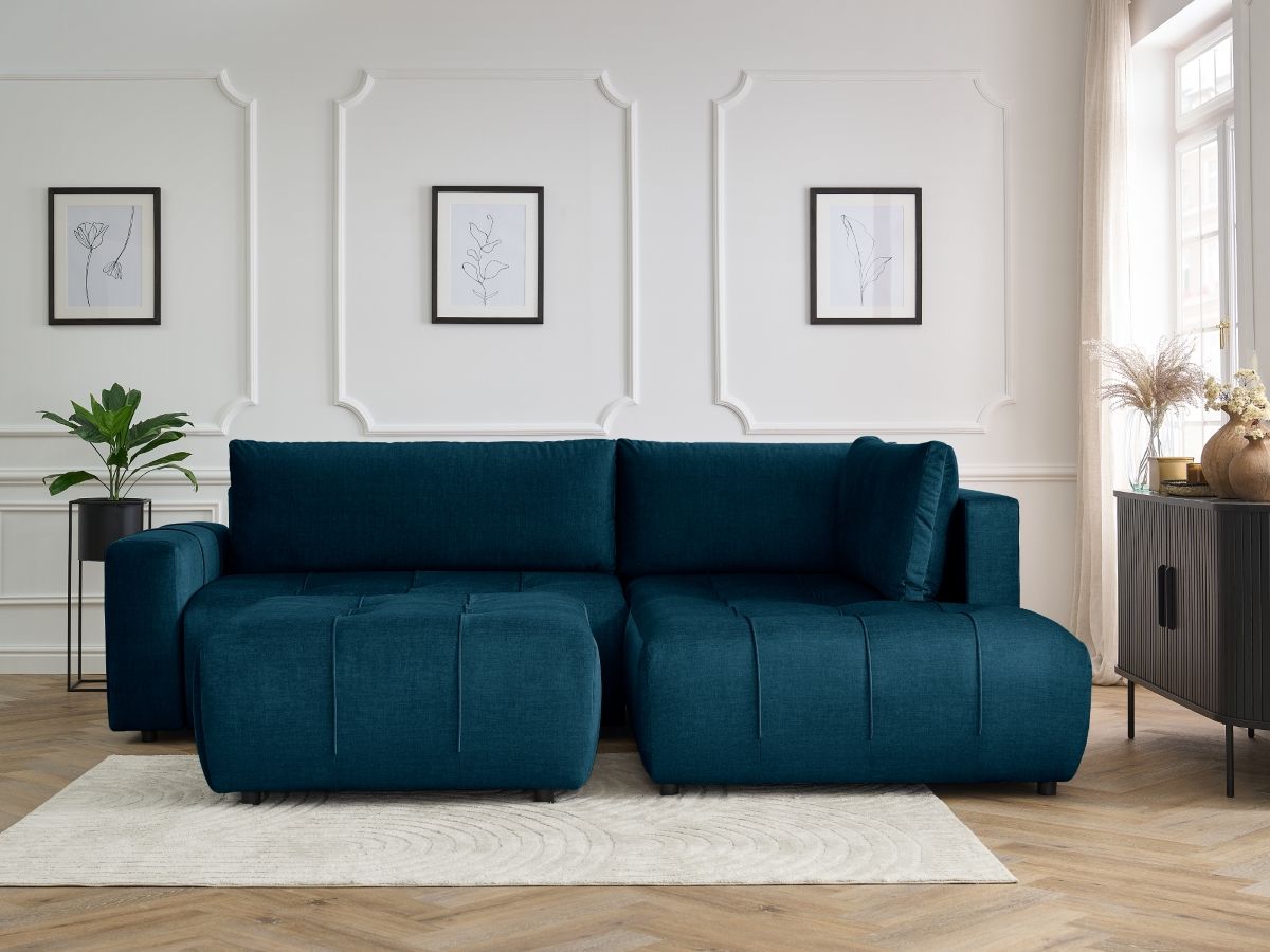 Bobochic Arsene Ecksofa mit Schlaffunktion und Bettkasten und Pouf 277 × 200 cm Samt Blau Ecke rechts