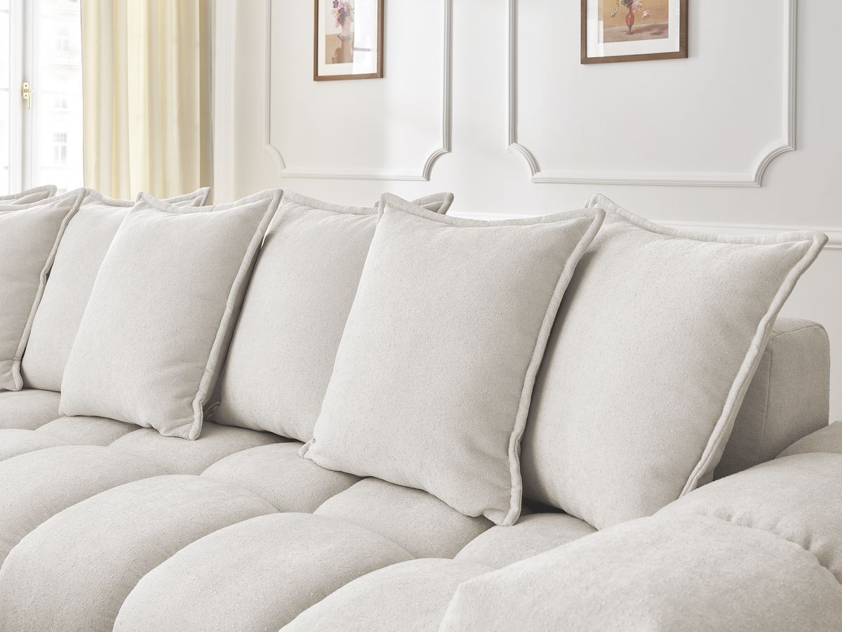 Bobochic Everest Ecksofa mit Schlaffunktion und Pouf, 10 Kissen Strukturstoff Weiß Ecke links