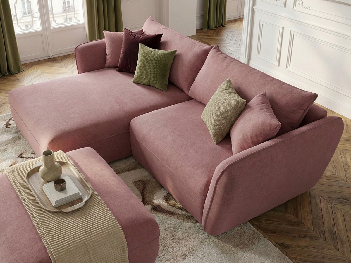Bobochic Luigi Ecksofa mit Pouf Strukturstoff Rosa Ecke links