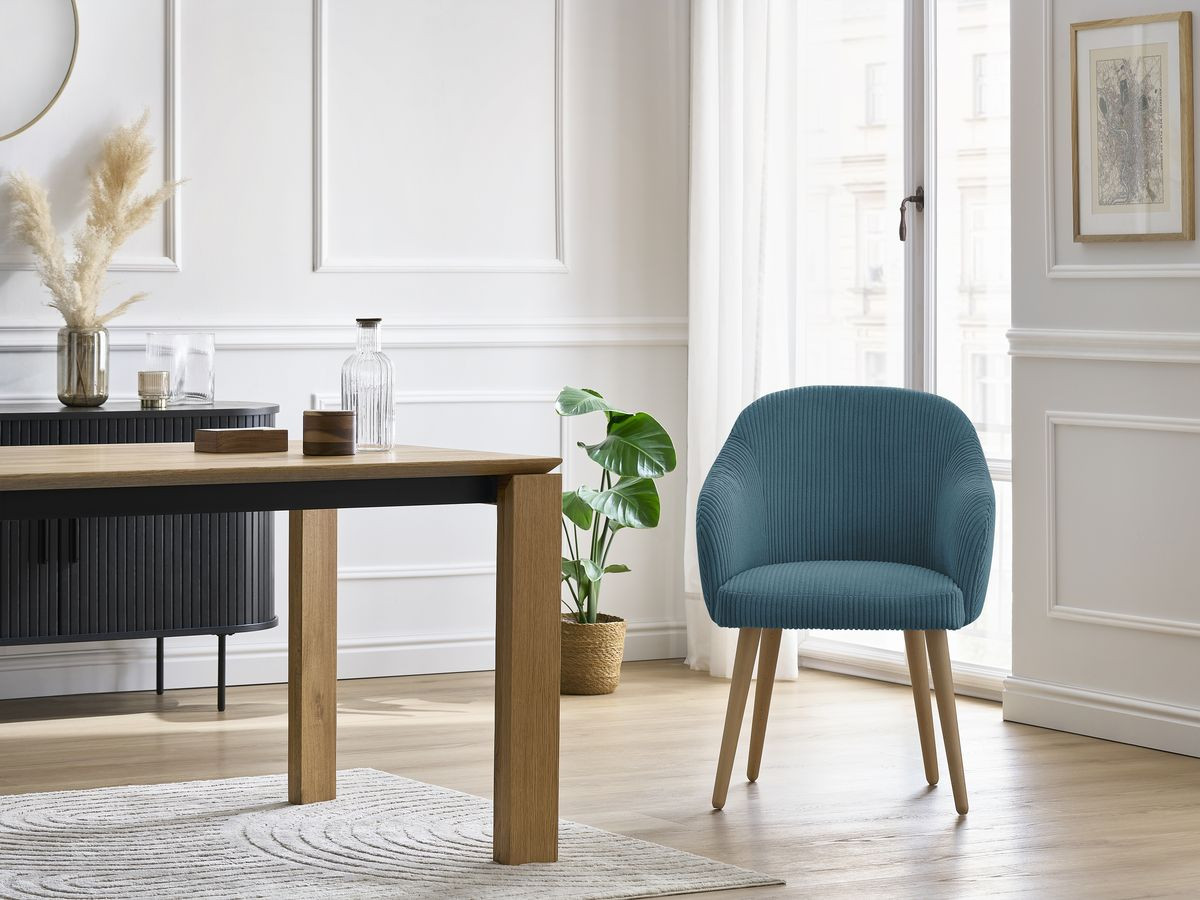 Bobochic Sophie Esszimmerstuhl 2er-Set mit skandinavischen Holzbeinen Cordsamt Dunkelblau