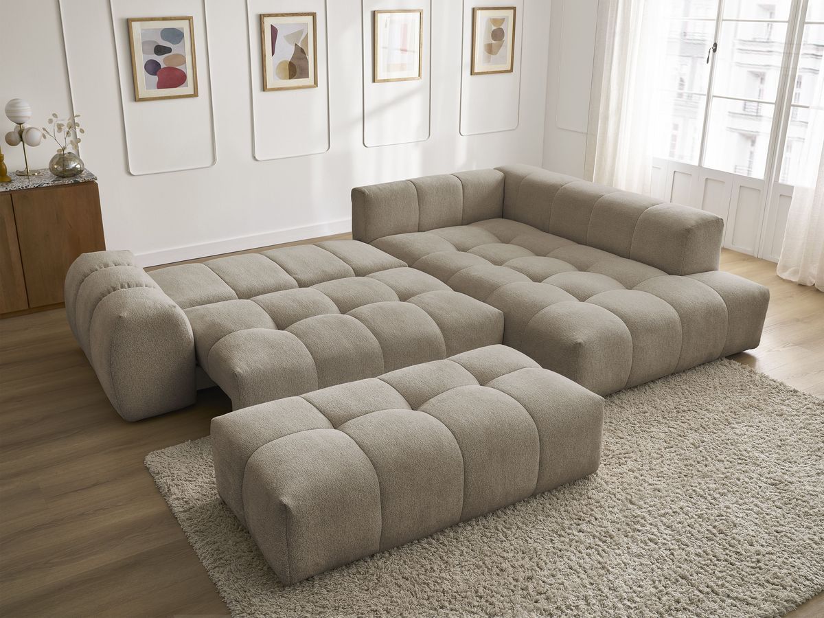 Bobochic Everest Ecksofa mit Schlaffunktion und Bettkasten und Pouf 320 × 212 cm, 5 Kissen Melange-Stoff Taupe Ecke rechts