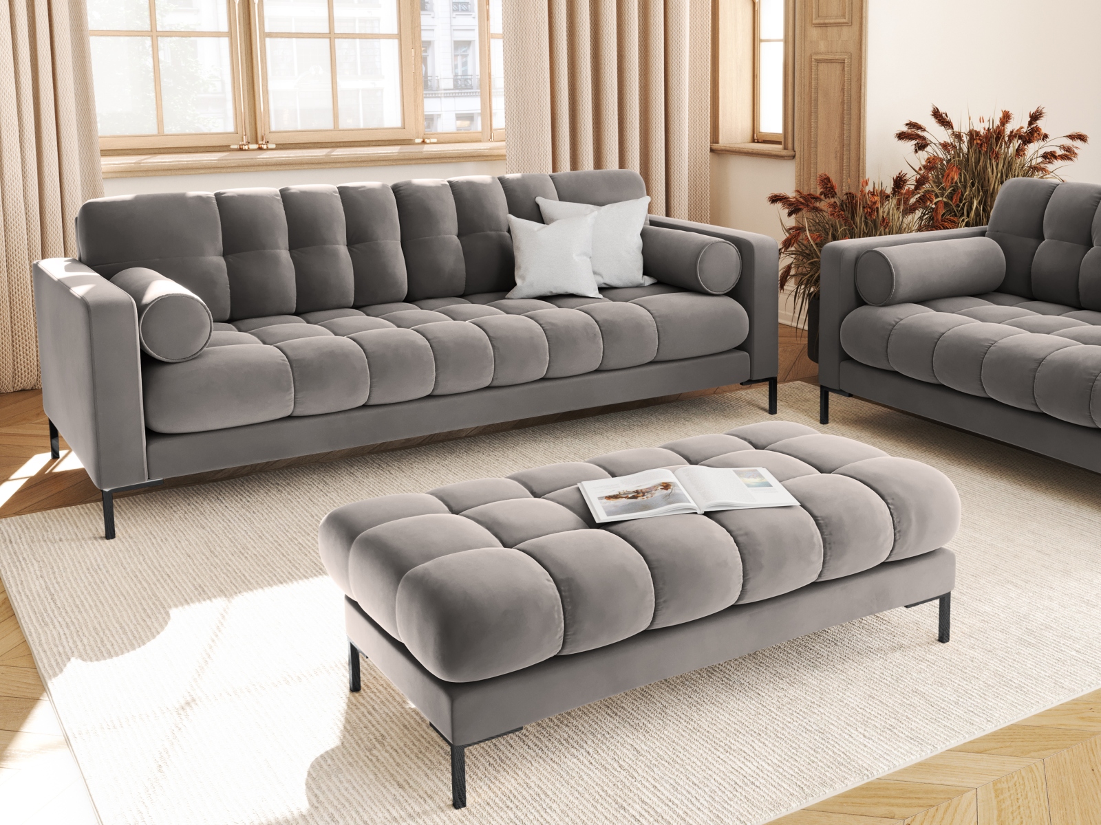 Cosmopolitan Design Sofa Bali 4-Sitzer Samt Bluvel Hellgrau Beine Schwarzes Metall