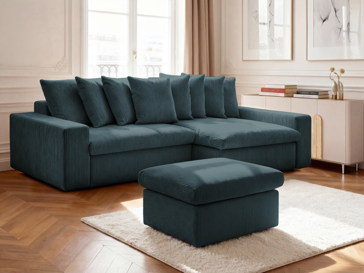 Bobochic Enore Ecksofa mit Pouf Cordsamt Dunkelblau Ecke rechts