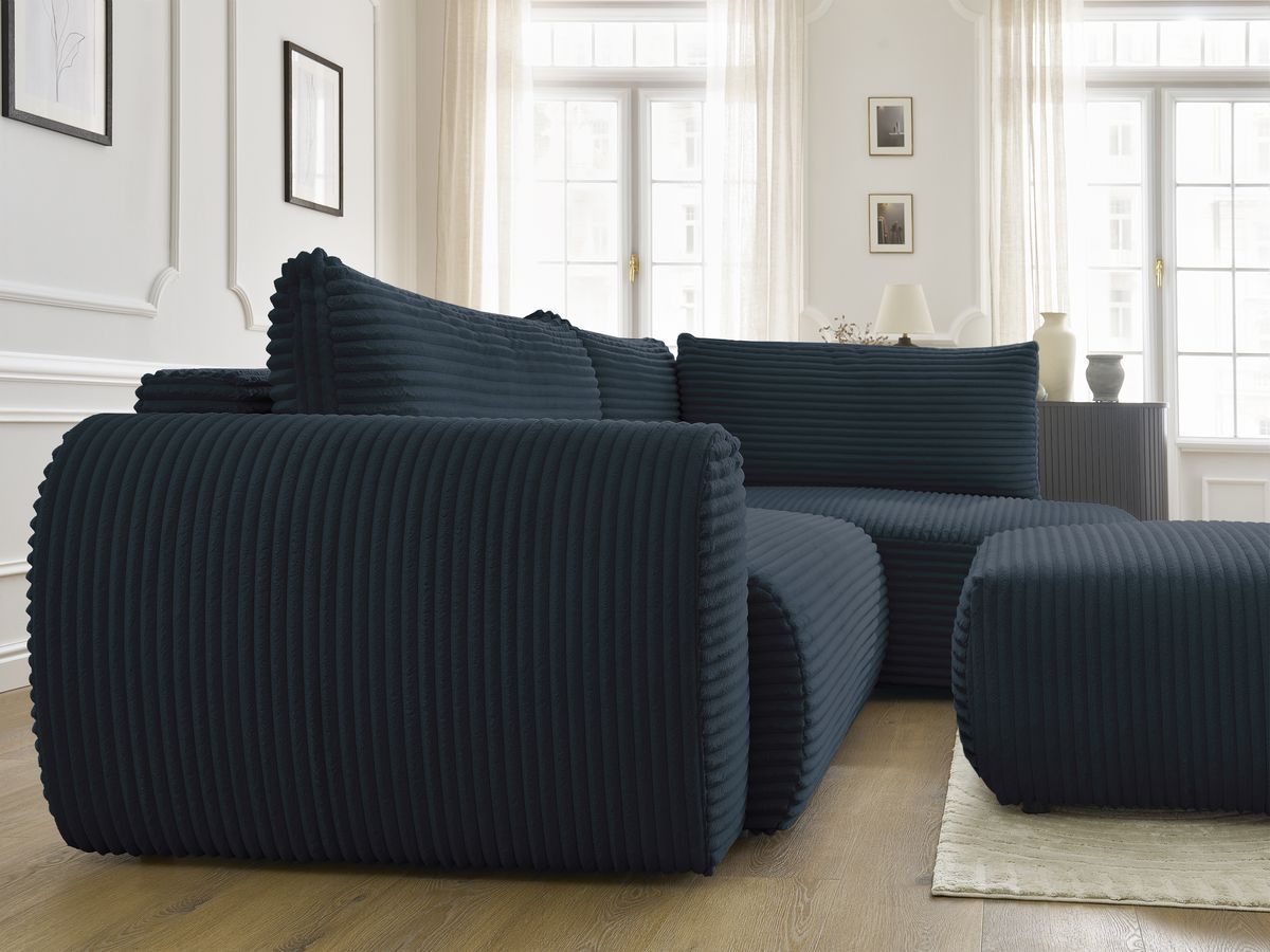 Bobochic Lucien Ecksofa mit Schlaffunktion und Bettkasten und Pouf 296 × 198 cm Breitcord weich Dunkelblau Ecke rechts