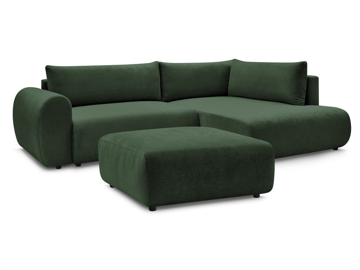 Bobochic Lucien Ecksofa mit Schlaffunktion und Bettkasten und Pouf 296 × 198 cm Stoff Grün Ecke rechts