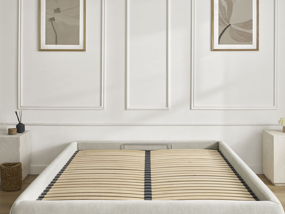 Bobochic Inera Bettgestell mit Bettkasten, ohne Kopfteil Stoff Beige, Liegefläche 160 × 200 cm
