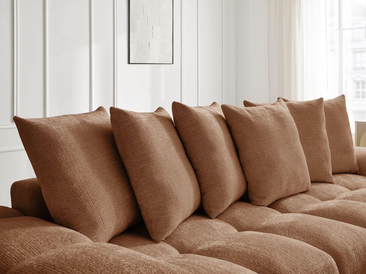 Bobochic Anakin Ecksofa mit Schlaffunktion und Bettkasten, 6 Kissen Strukturstoff Orange
