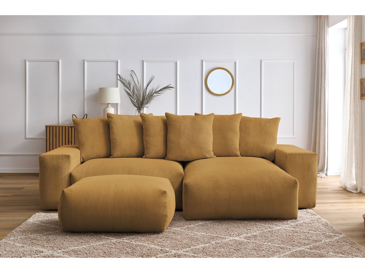Bobochic Voltaire Ecksofa mit Schlaffunktion und Bettkasten und Pouf Cordsamt Gelb
