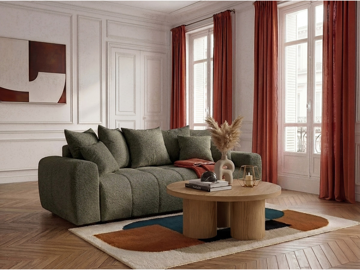 Bobochic Roxelane Schlafsofa 3-Sitzer mit Bettkasten Bouclé-Stoff Grün