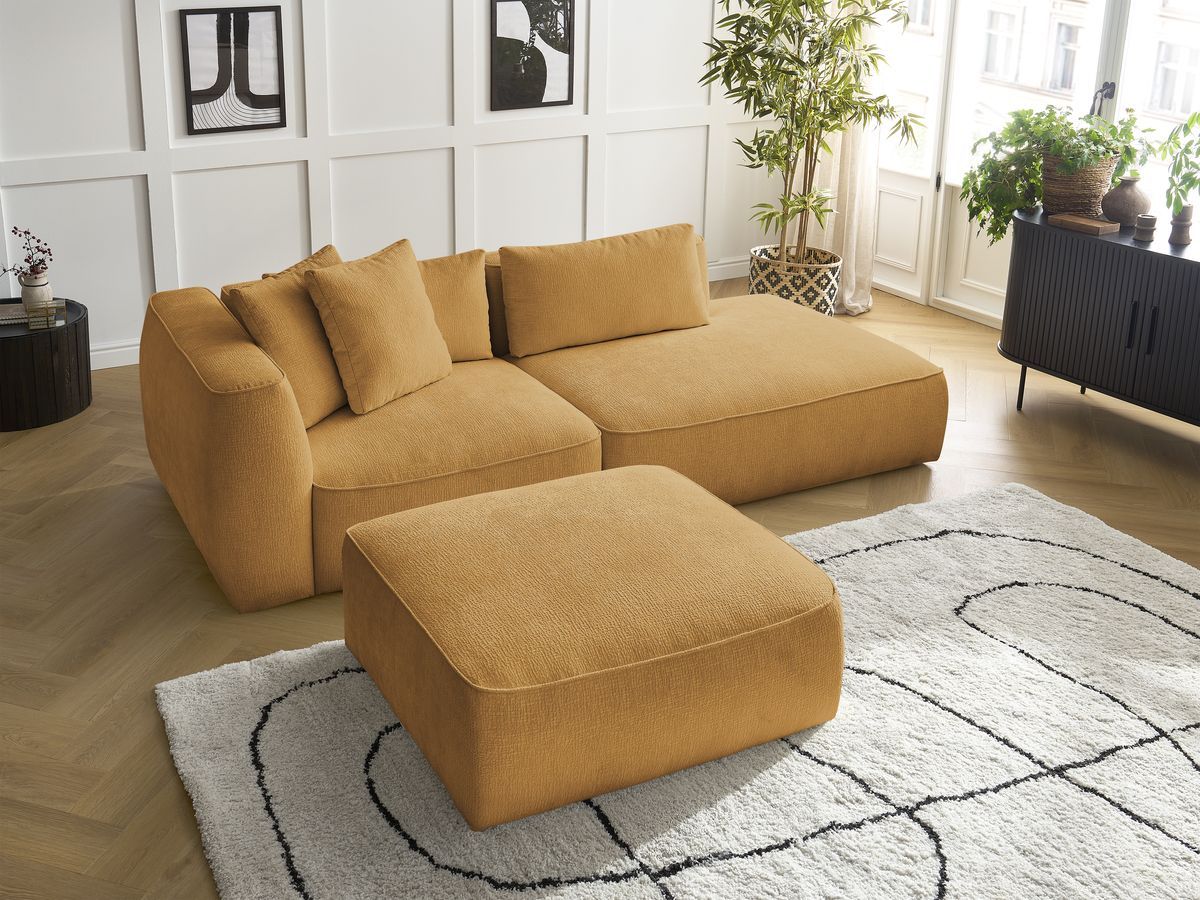 Bobochic Leopold Sofa 4-Sitzer mit Pouf Strukturstoff Gelb Armlehne links
