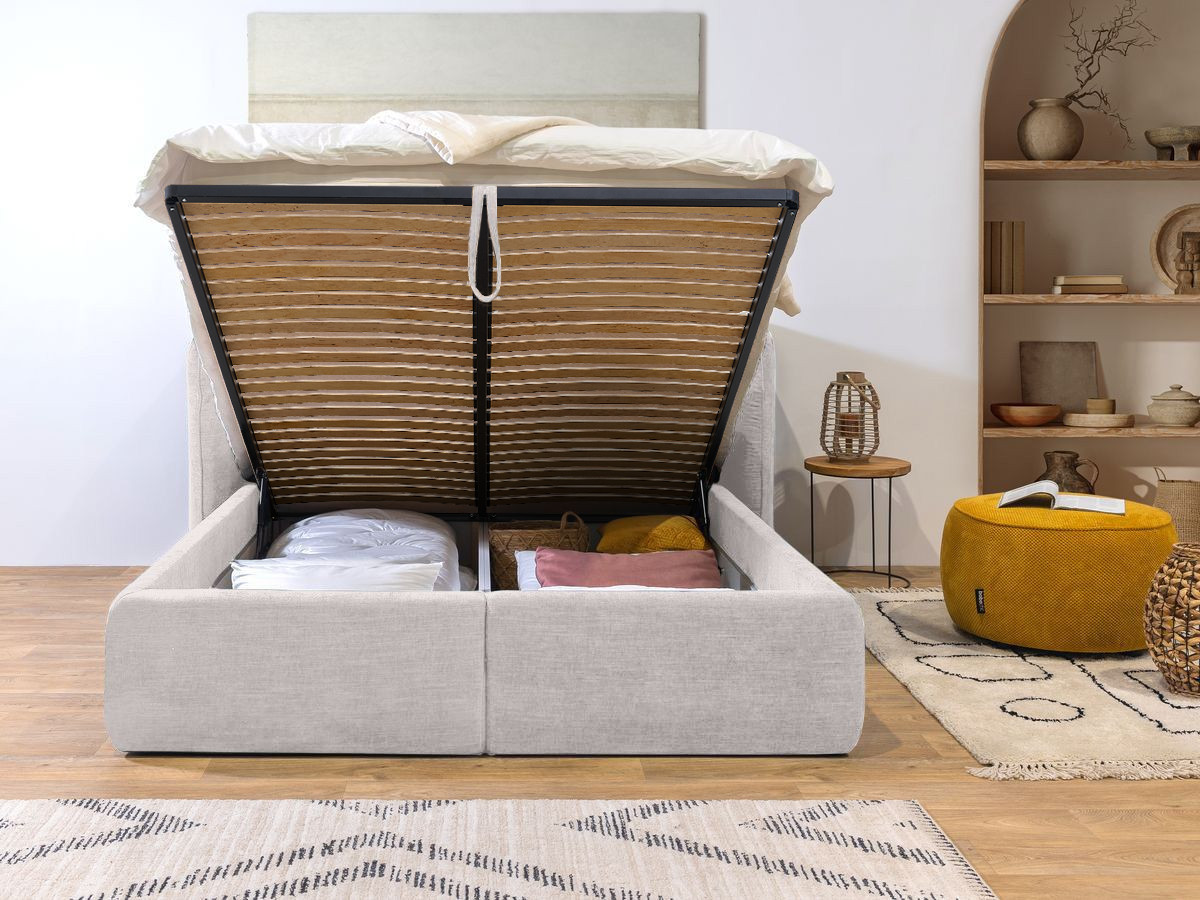 Bobochic Louise Polsterbett mit Bettkasten Stoff Beige, Liegefläche 160 × 200 cm