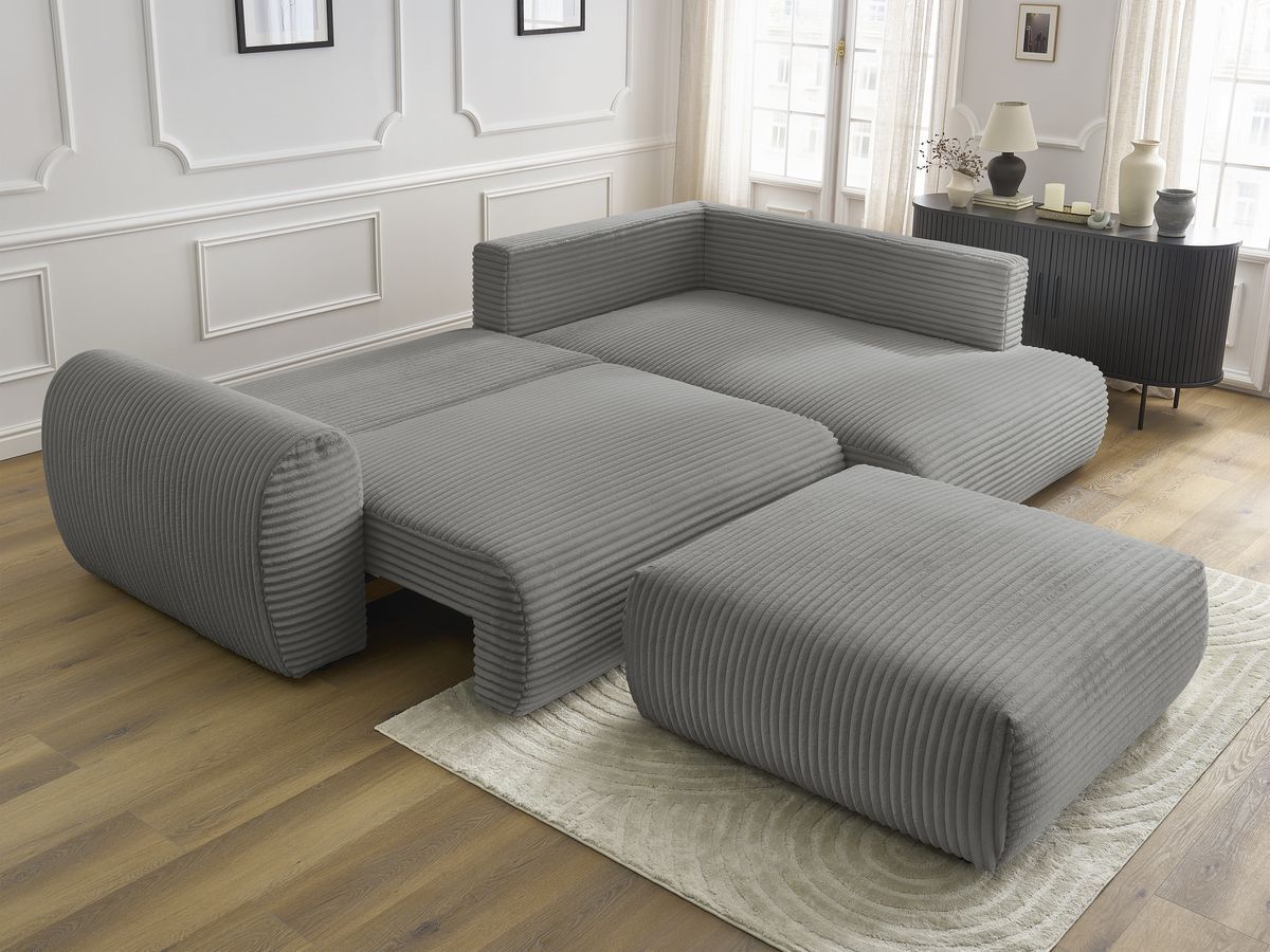 Bobochic Lucien Ecksofa mit Schlaffunktion und Bettkasten und Pouf 296 × 198 cm Breitcord weich Dunkelgrau Ecke rechts