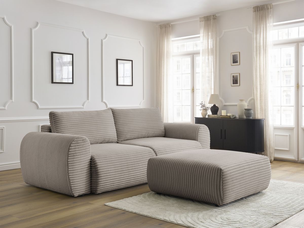 Bobochic Lucien Schlafsofa 4-Sitzer mit Bettkasten und Pouf Breitcord weich Taupe