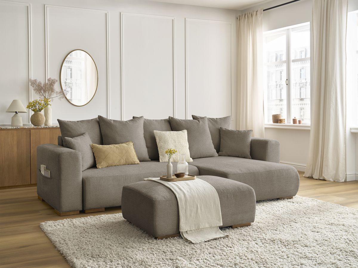Bobochic Sidonie Ecksofa mit Schlaffunktion und Bettkasten und Pouf Melange-Stoff Taupe