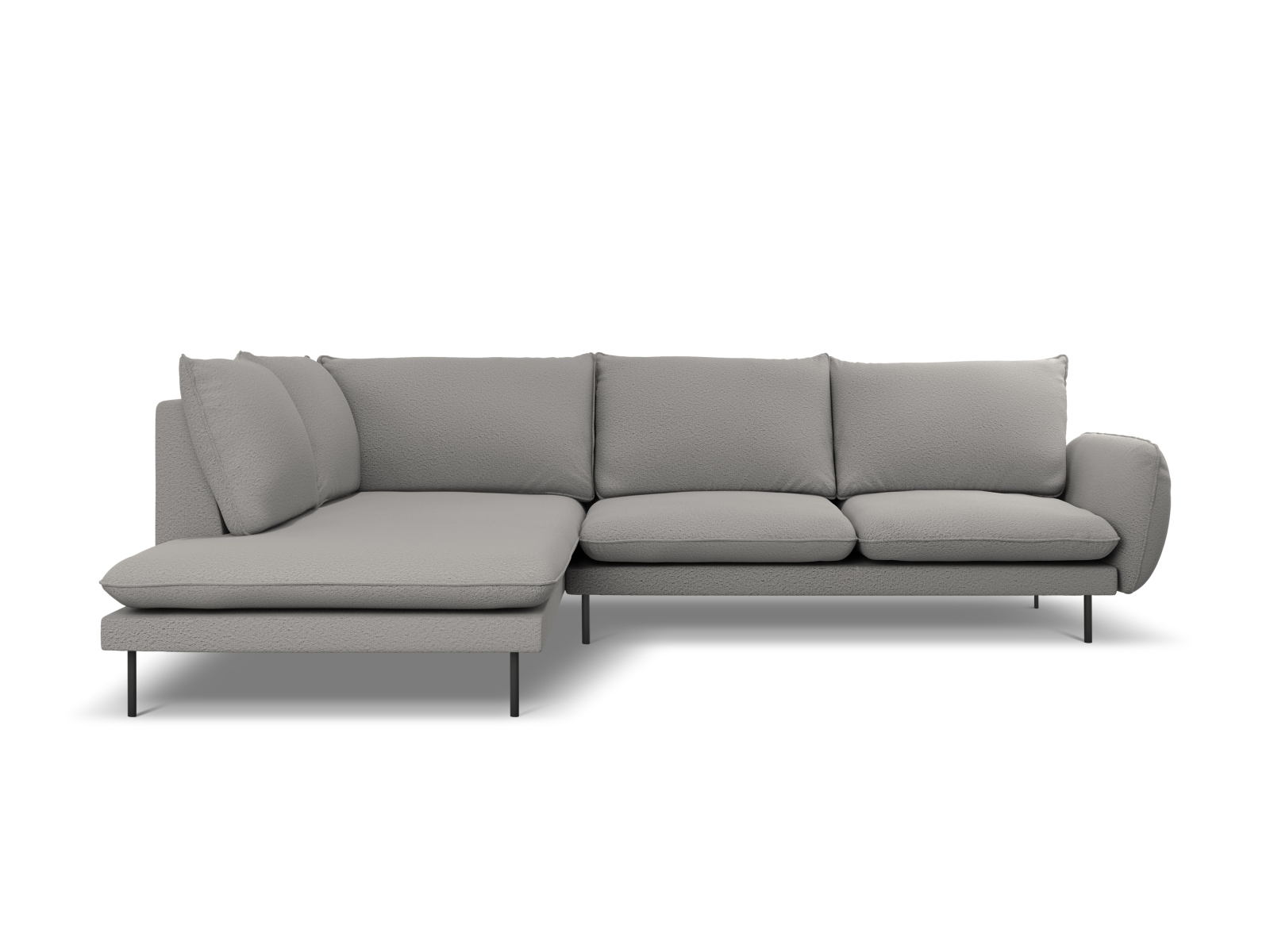 Cosmopolitan Design Ecksofa Vienna 6-Sitzer Boucle Ascot Grau Links Beine Schwarzes Metall