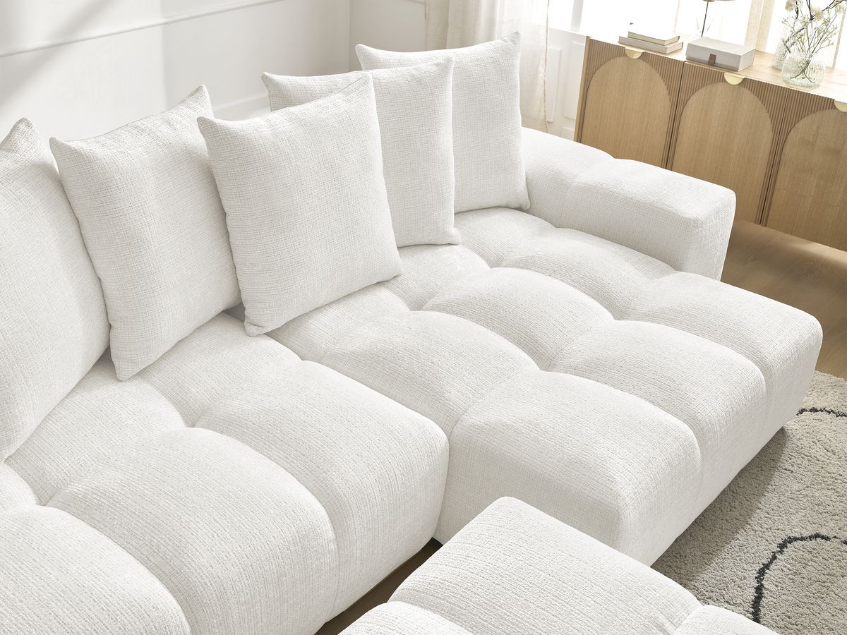 Bobochic Anakin Ecksofa mit Schlaffunktion und Bettkasten und Pouf Strukturstoff Weiß