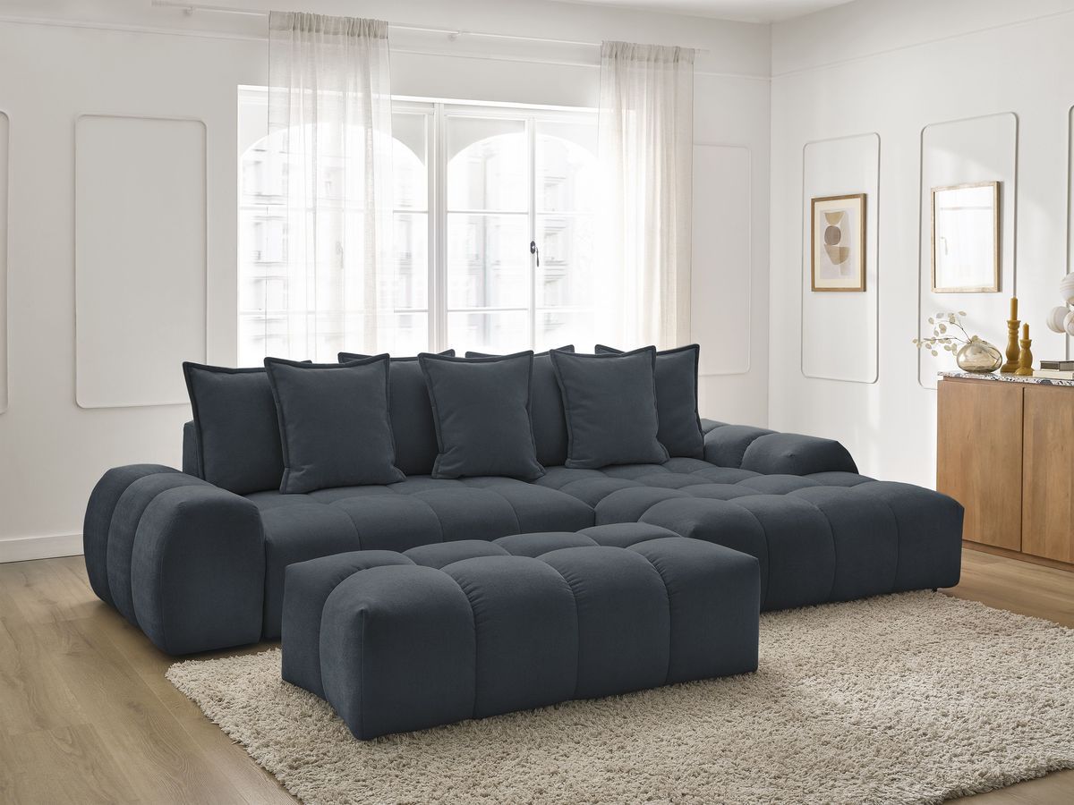 Bobochic Everest Ecksofa mit Schlaffunktion und Bettkasten und Pouf 318 × 180 cm, 7 Kissen Strukturstoff Blau Ecke rechts