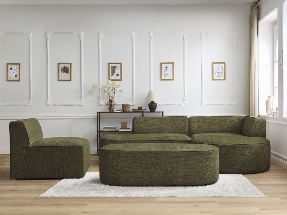 Bobochic Rousseau Ecksofa mit Sofamodul und Pouf Strukturstoff Grün Ecke rechts