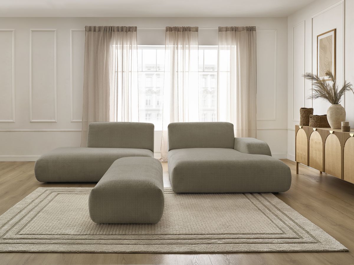 Bobochic Sirius Ecksofa mit Pouf 300 × 170 cm Strukturstoff Taupe Ecke rechts