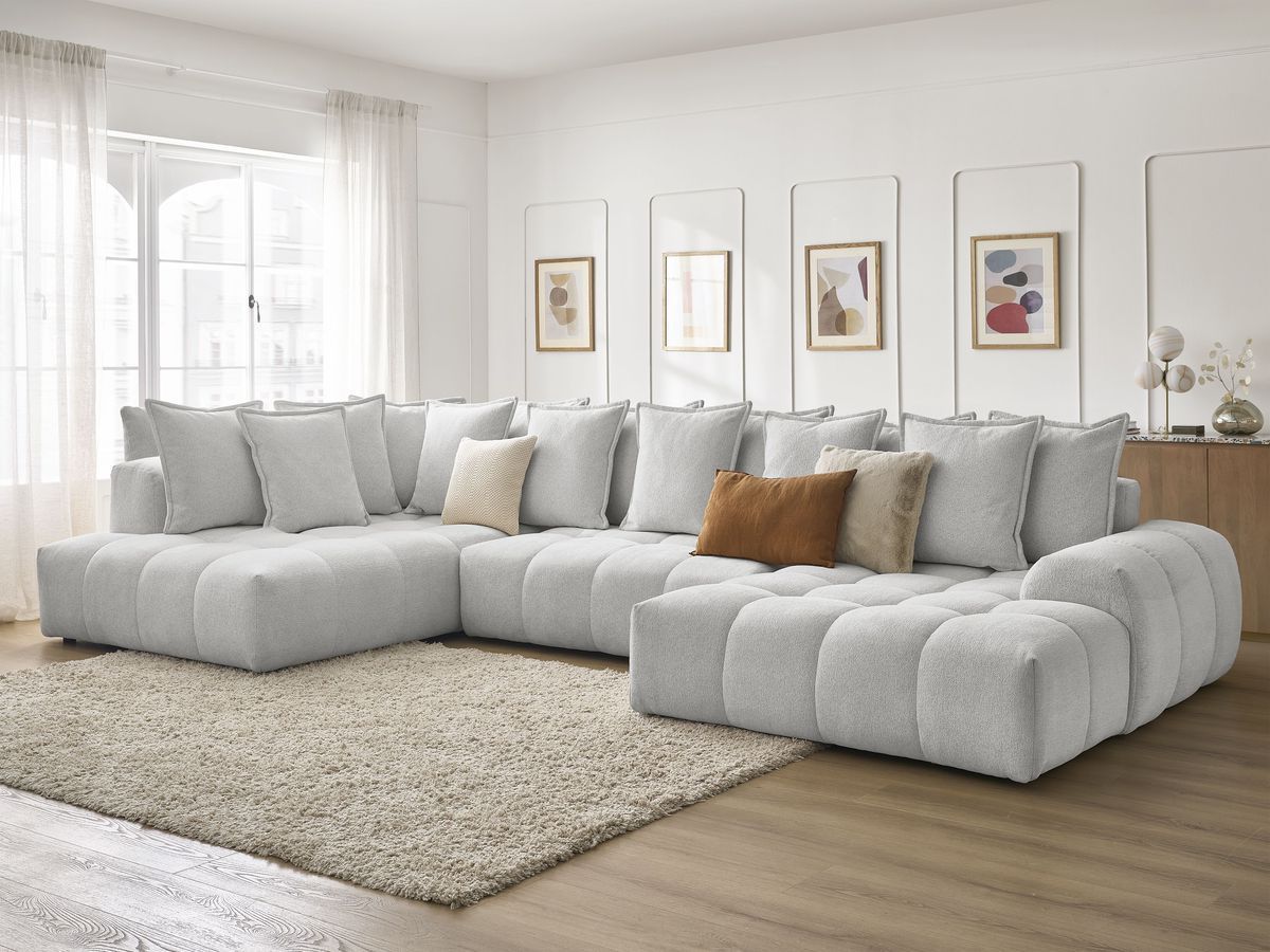 Bobochic Everest Wohnlandschaft, 14 Kissen Melange-Stoff Hellgrau Ecke rechts