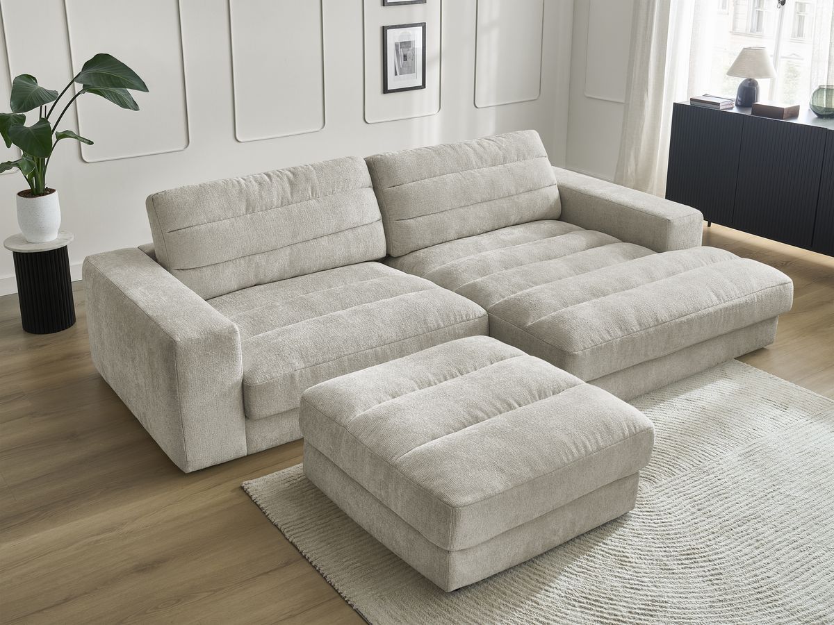 Bobochic Sierra Ecksofa mit Pouf Strukturstoff Taupe Ecke rechts