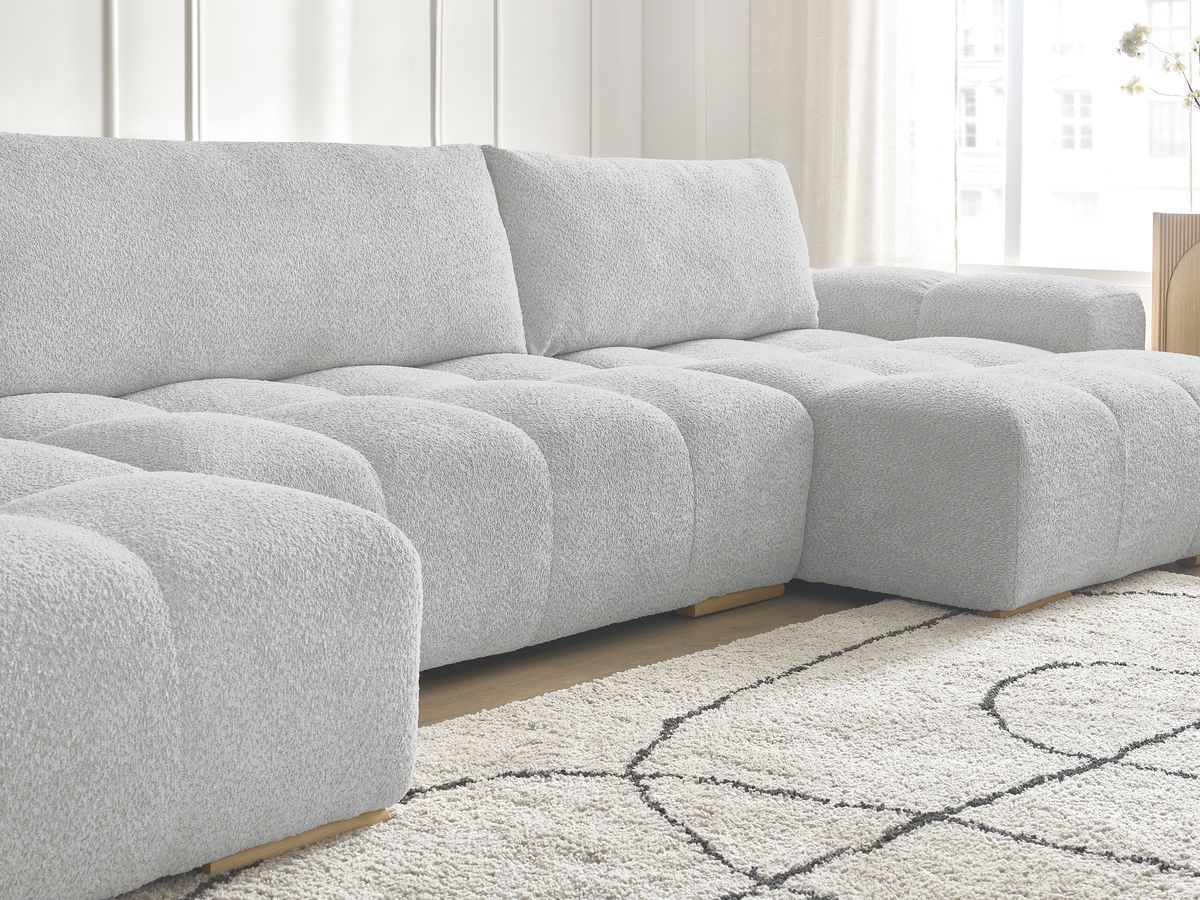 Bobochic Anakin Wohnlandschaft, Liegefläche 137 × 382 cm, 3 Kissen Bouclé-Stoff Hellgrau